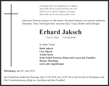 Traueranzeige von Erhard Jaksch von Thüringer Allgemeine