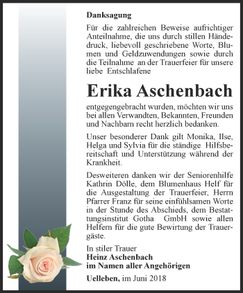 Traueranzeige von Erika Aschenbach von Ostthüringer Zeitung, Thüringische Landeszeitung