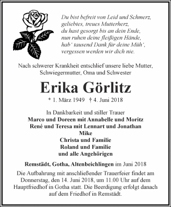 Traueranzeige von Erika Görlitz von Ostthüringer Zeitung, Thüringische Landeszeitung