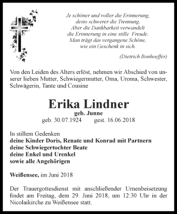 Traueranzeige von Erika Lindner von Thüringer Allgemeine