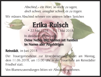 Traueranzeige von Erika Rulsch von Ostthüringer Zeitung, Thüringische Landeszeitung