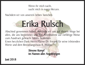 Traueranzeige von Erika Rulsch von Ostthüringer Zeitung, Thüringische Landeszeitung