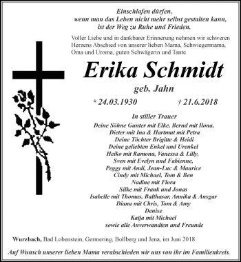 Traueranzeige von Erika Schmidt von Ostthüringer Zeitung