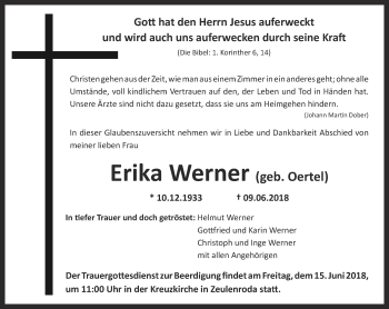 Traueranzeige von Erika Werner von Ostthüringer Zeitung