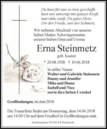 Traueranzeige von Erna Steinmetz von Thüringer Allgemeine