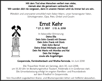 Traueranzeige von Ernst Kehr von Thüringer Allgemeine, Thüringische Landeszeitung