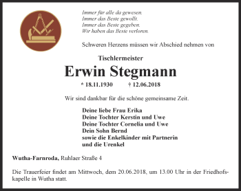 Traueranzeige von Erwin Stegmann von Thüringer Allgemeine, Thüringische Landeszeitung