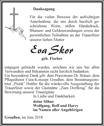 Traueranzeige von Eva Skor von Thüringer Allgemeine