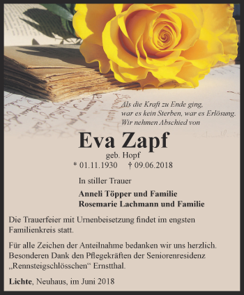 Traueranzeige von Eva Zapf von Ostthüringer Zeitung