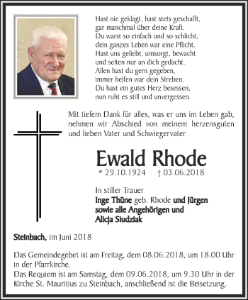 Traueranzeige von Ewald Rhode von Thüringer Allgemeine