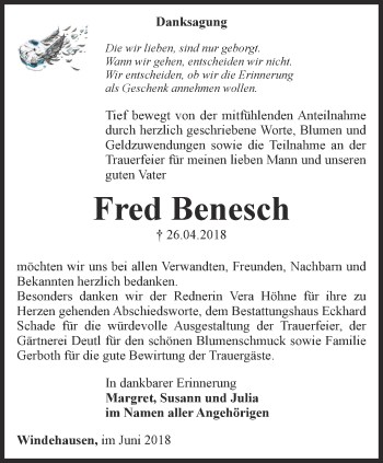 Traueranzeige von Fred Benesch von Thüringer Allgemeine