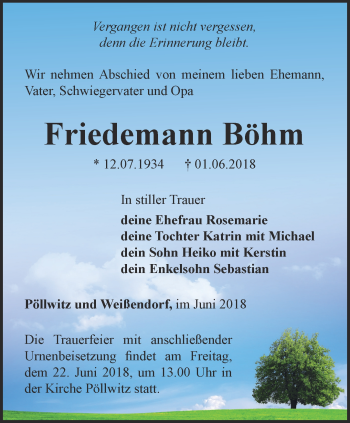 Traueranzeige von Friedemann Böhm von Ostthüringer Zeitung