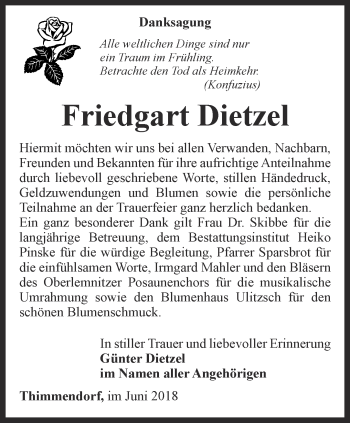 Traueranzeige von Friedgart Dietzel von Ostthüringer Zeitung