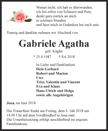 Traueranzeige von Gabriele Agatha von Ostthüringer Zeitung, Thüringische Landeszeitung