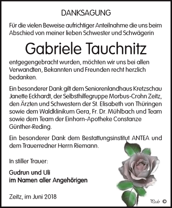 Traueranzeige von Gabriele Tauchnitz von Ostthüringer Zeitung