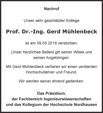 Traueranzeige von Gerd Mühlenbeck von Thüringer Allgemeine