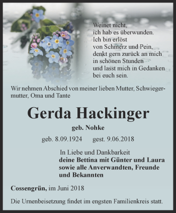 Traueranzeige von Gerda Hackinger