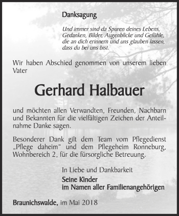Traueranzeige von Gerhard Halbauer von Ostthüringer Zeitung