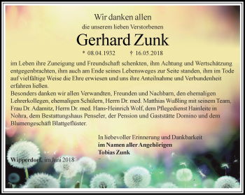 Traueranzeige von Gerhard Zunk von Thüringer Allgemeine