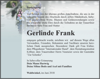 Traueranzeige von Gerlinde Frank von Ostthüringer Zeitung, Thüringische Landeszeitung