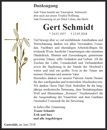 Traueranzeige von Gert Schmidt von Thüringer Allgemeine, Thüringische Landeszeitung