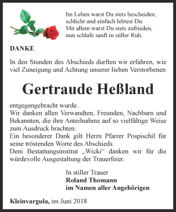 Traueranzeige von Gertraude Heßland von Thüringer Allgemeine, Thüringische Landeszeitung