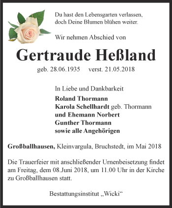 Traueranzeige von Gertraude Heßland von Thüringer Allgemeine, Thüringische Landeszeitung