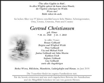 Traueranzeige von Gertrud Christiansen von Thüringer Allgemeine, Thüringische Landeszeitung
