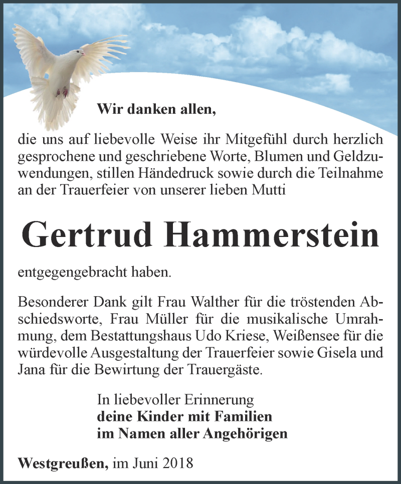  Traueranzeige für Gertrud Hammerstein vom 23.06.2018 aus Thüringer Allgemeine