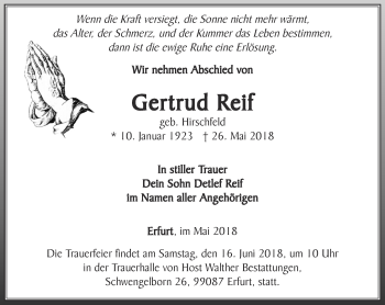 Traueranzeige von Gertrud Reif von Thüringer Allgemeine, Thüringische Landeszeitung