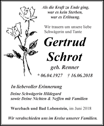 Traueranzeige von Gertrud Schrot von Ostthüringer Zeitung