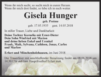 Traueranzeige von Gisela Hunger von Thüringer Allgemeine, Thüringische Landeszeitung