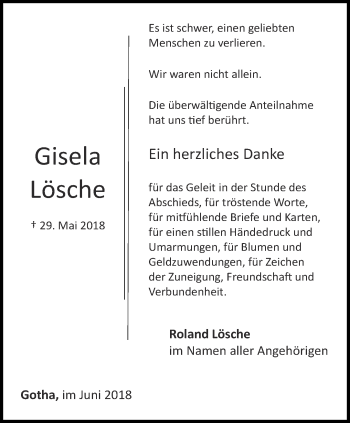 Traueranzeige von Gisela Lösche von Ostthüringer Zeitung, Thüringische Landeszeitung