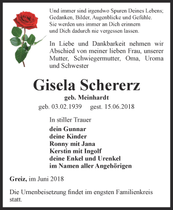 Traueranzeige von Gisela Schererz