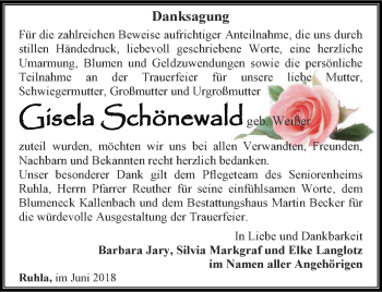 Traueranzeige von Gisela Schönewald von Thüringer Allgemeine, Thüringische Landeszeitung