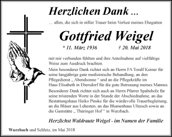 Traueranzeige von Gottfried Weigel von Ostthüringer Zeitung