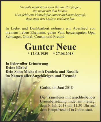Traueranzeige von Gunter Neue von Ostthüringer Zeitung, Thüringische Landeszeitung