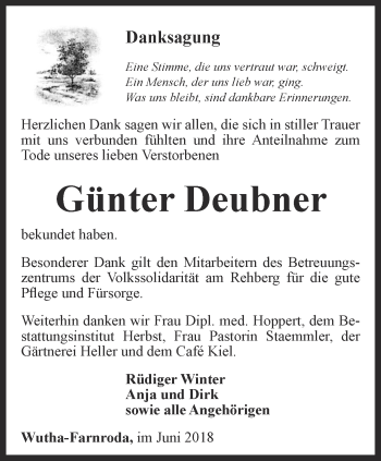 Traueranzeige von Günter Deubner von Thüringer Allgemeine, Thüringische Landeszeitung