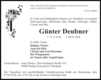 Traueranzeige von Günter Deubner von Thüringer Allgemeine, Thüringische Landeszeitung