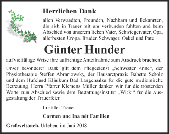 Traueranzeige von Günter Hunder von Thüringer Allgemeine, Thüringische Landeszeitung