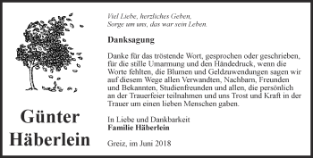 Traueranzeige von Günter Häberlein von Ostthüringer Zeitung