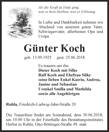 Traueranzeige von Günter Koch von Thüringer Allgemeine, Thüringische Landeszeitung