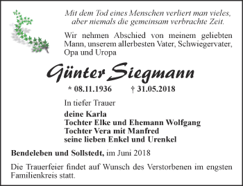 Traueranzeige von Günter Siegmann von Thüringer Allgemeine