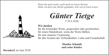 Traueranzeige von Günter Tietge von Ostthüringer Zeitung, Thüringische Landeszeitung