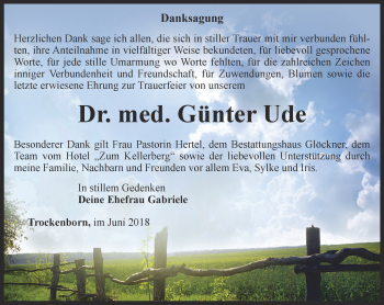 Traueranzeige von Günter Ude von Ostthüringer Zeitung, Thüringische Landeszeitung