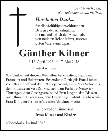 Traueranzeige von Günther Kilmer von Thüringer Allgemeine, Thüringische Landeszeitung