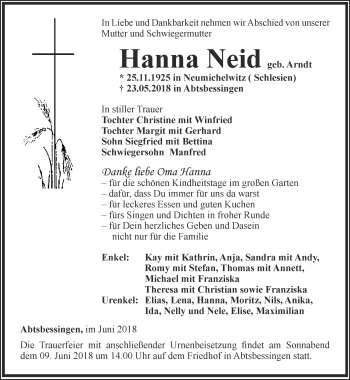 Traueranzeige von Hanna Neid von Thüringer Allgemeine