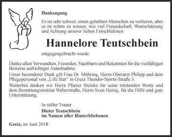 Traueranzeige von Hannelore Teutschbein