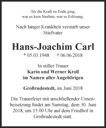 Traueranzeige von Hans-Joachim Carl von Thüringer Allgemeine, Thüringische Landeszeitung