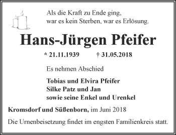 Traueranzeige von Hans-Jürgen Pfeifer von Thüringer Allgemeine, Thüringische Landeszeitung